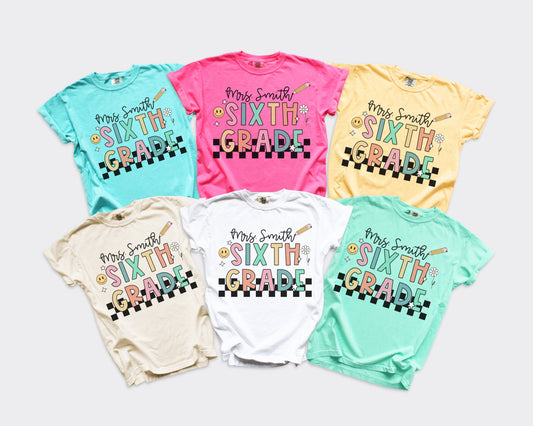 Checkered Sixth Grade Custom Teacher Shirt