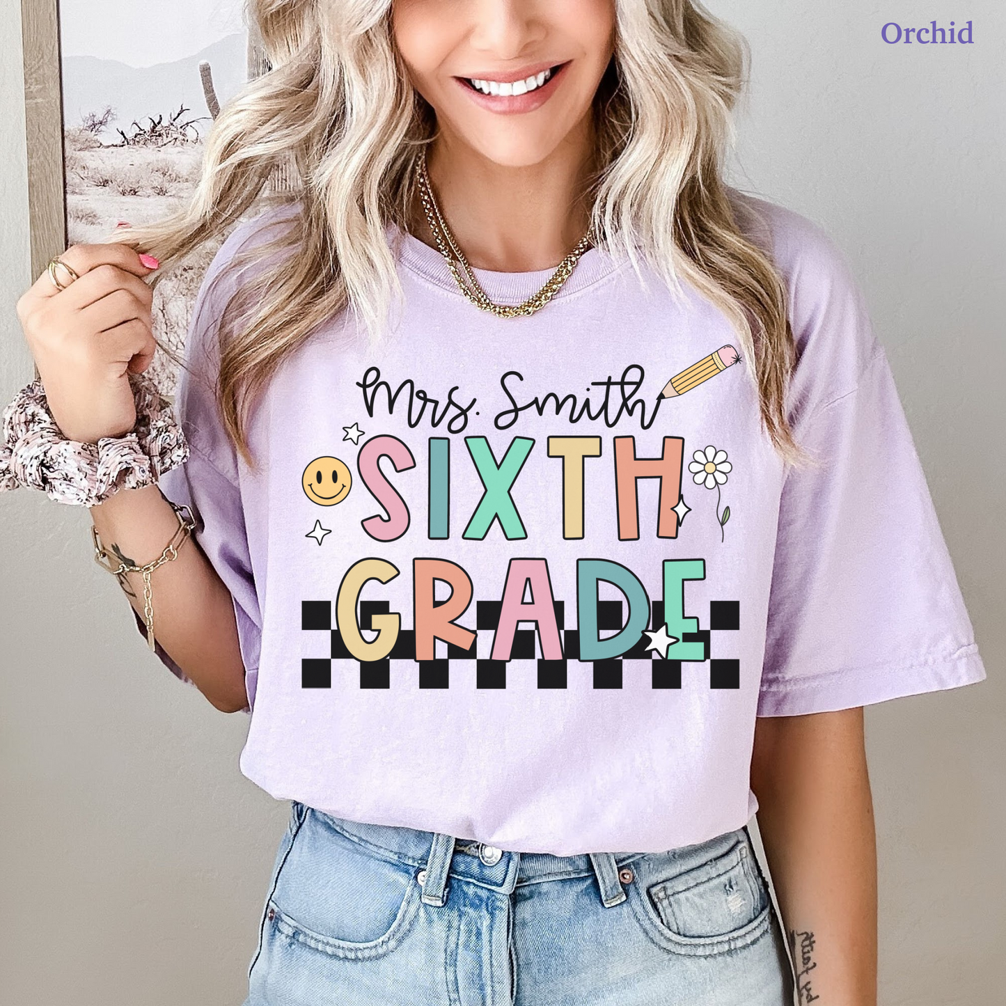 Checkered Sixth Grade Custom Teacher Shirt