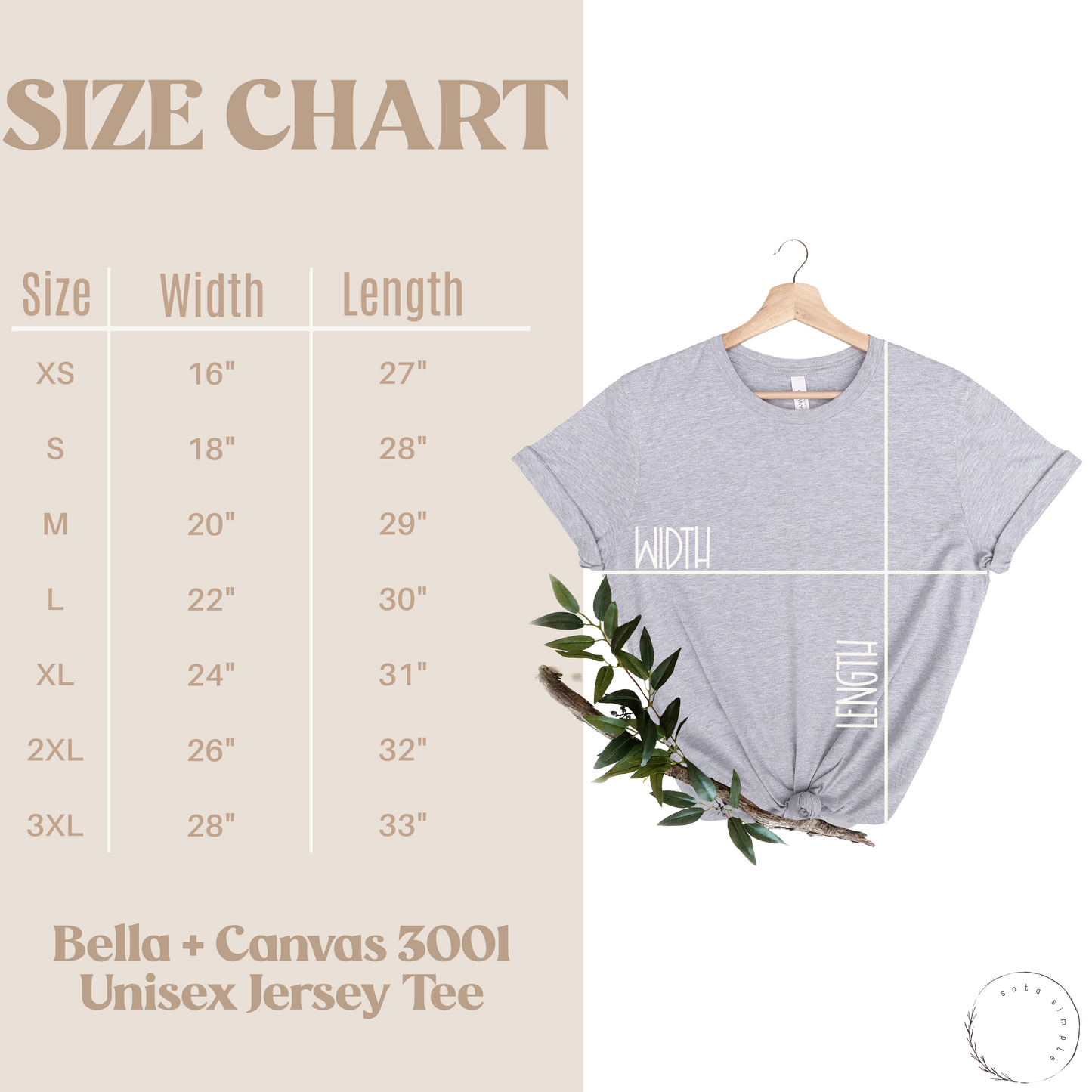 Sota Simple Bella Canvas 3001 Unisex Tshirt Sizing Chart