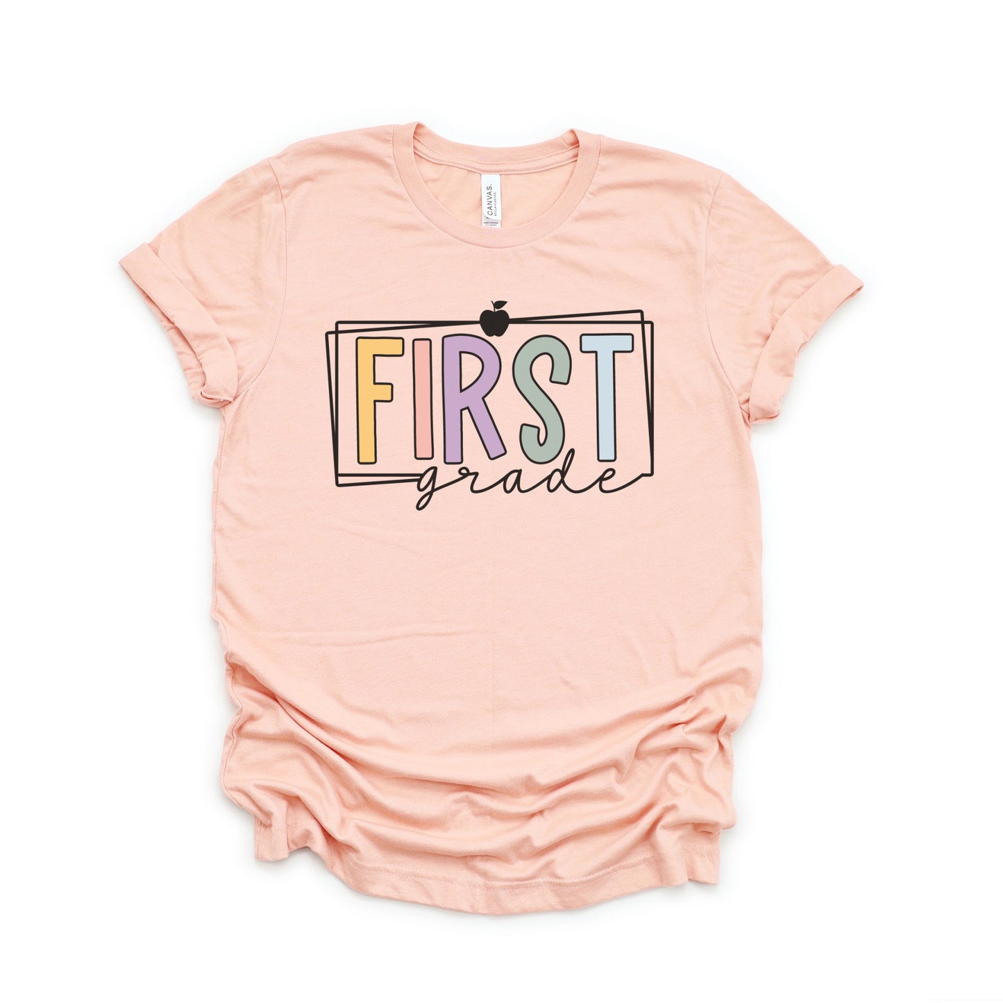 First Grade Teacher Multi Color Apple and Border Tshirt Heather Peach