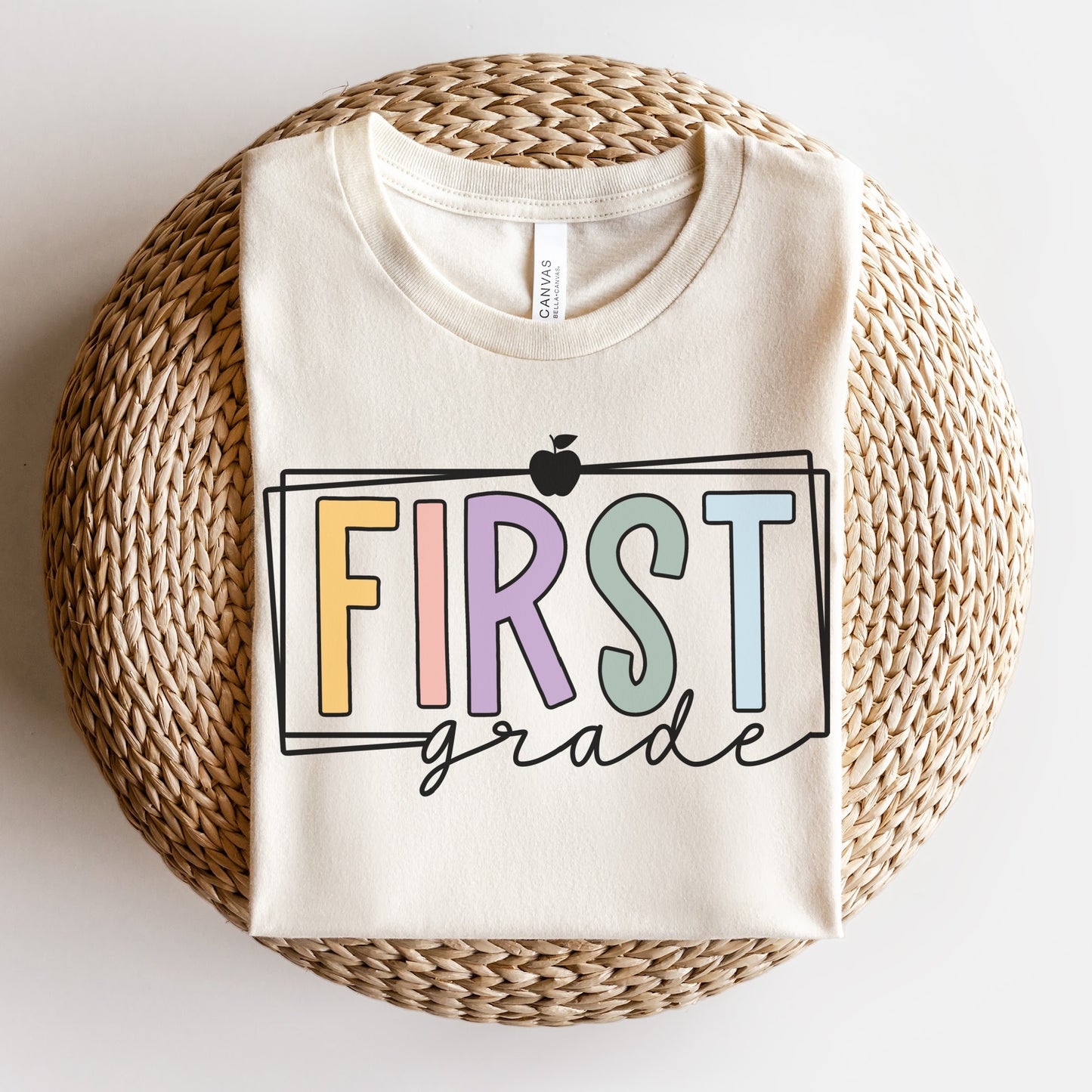 First Grade Teacher Multi Color Apple and Border Tshirt Natural