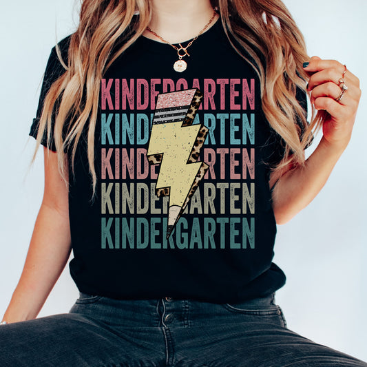 Bella Canvas 3001 Unisex Tshirt | Kindergarten Repeating Multiple lines Multicolored, Lightning Bolt shaped like pencil with cheetah accents, Color: Black