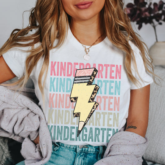 Bella Canvas 3001 Unisex Tshirt | Kindergarten Repeating Multiple lines Multicolored, Lightning Bolt shaped like pencil with cheetah accents, Color: White