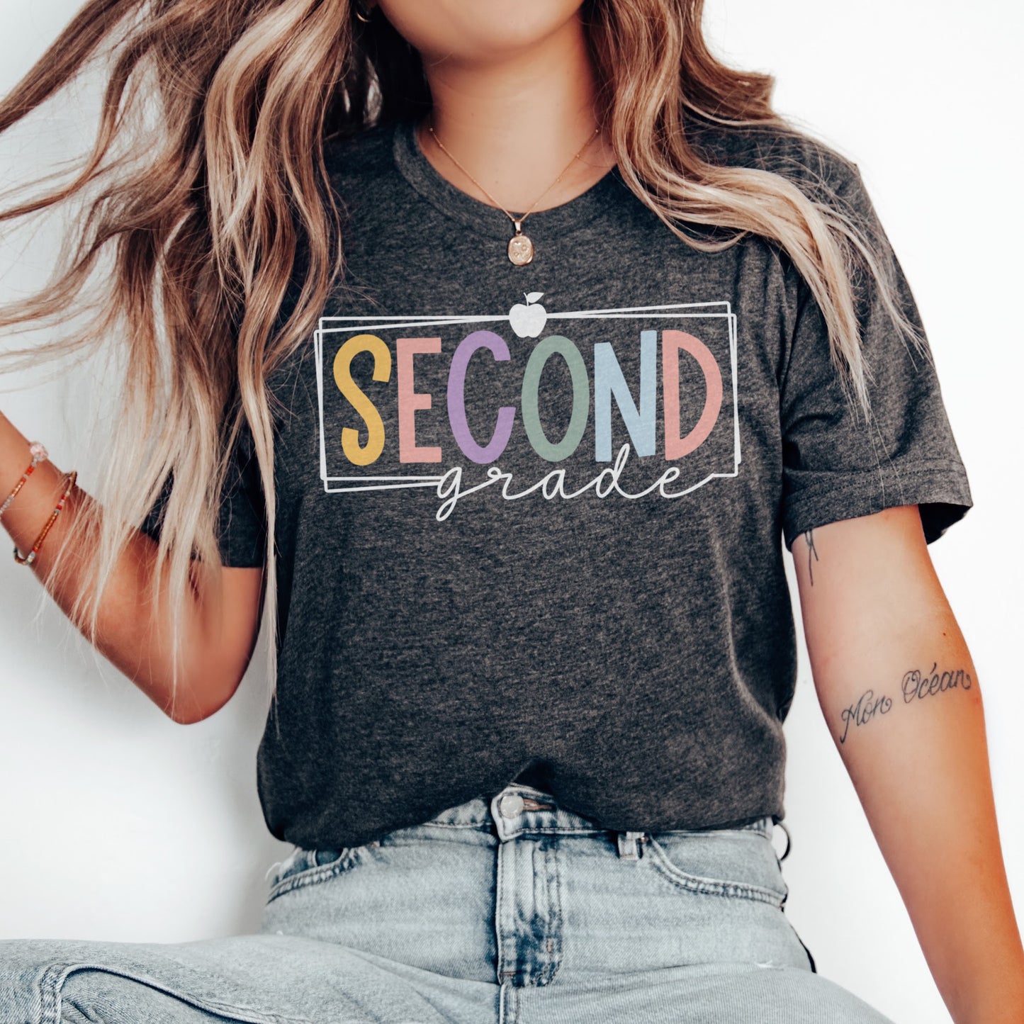 Second Grade Teacher Tshirt Multicolor Font with Apple Border Dark Grey Heather Color