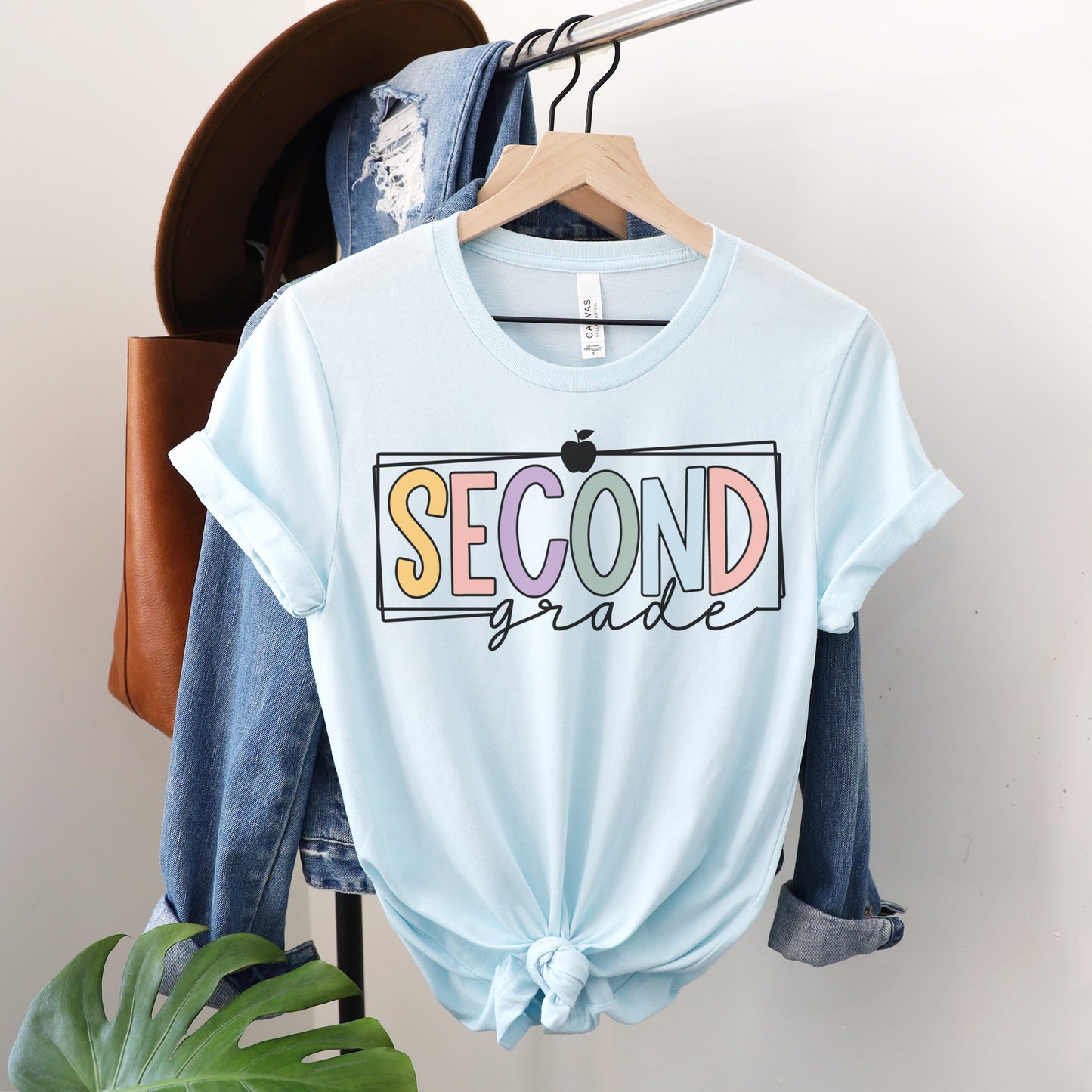 Second Grade Teacher Tshirt Multicolor Font with Apple Border Heather Ice Blue Color