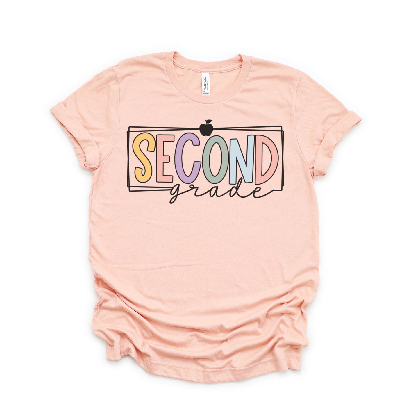 Second Grade Teacher Tshirt Multicolor Font with Apple Border Heather Peach Color