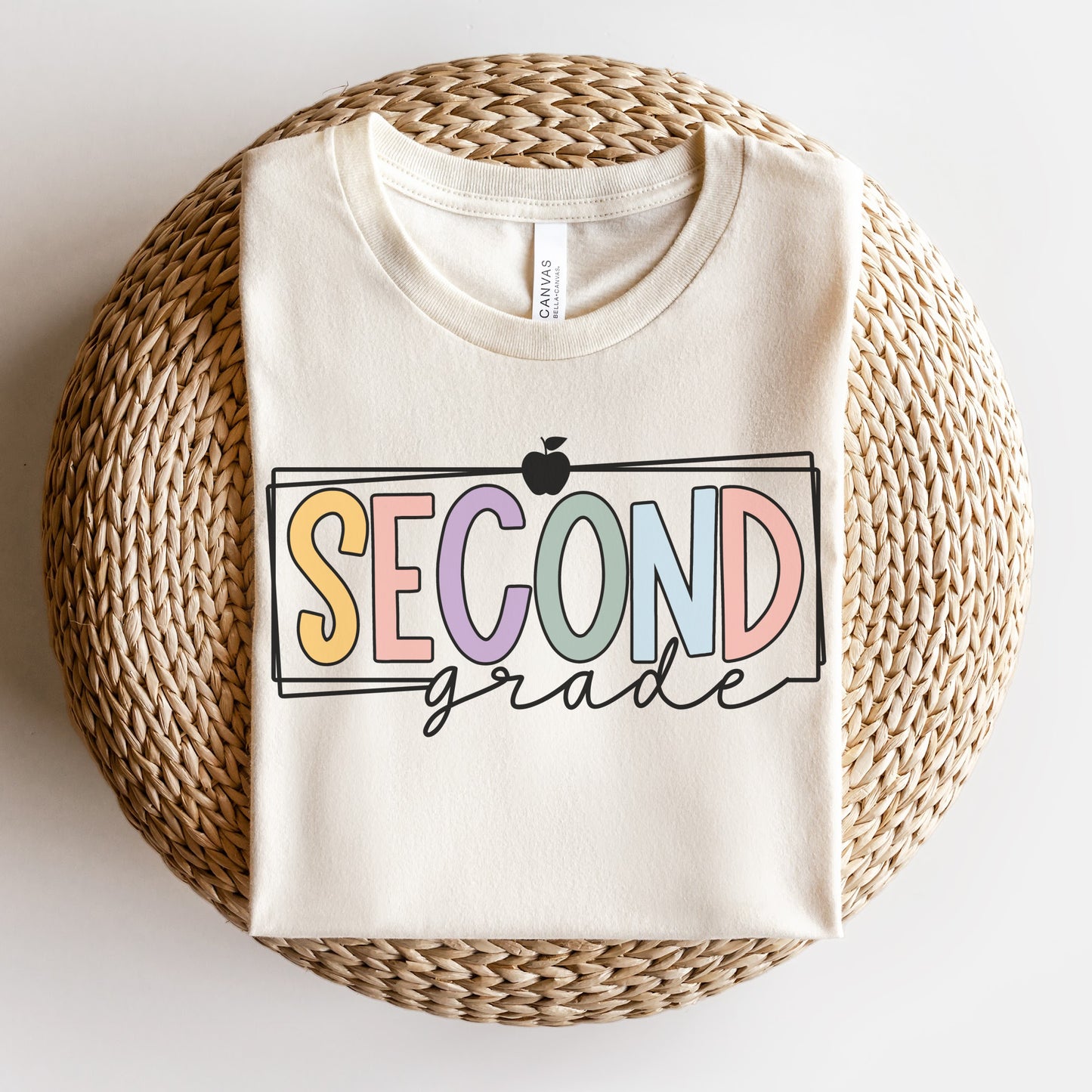 Second Grade Teacher Tshirt Multicolor Font with Apple Border Natural Color