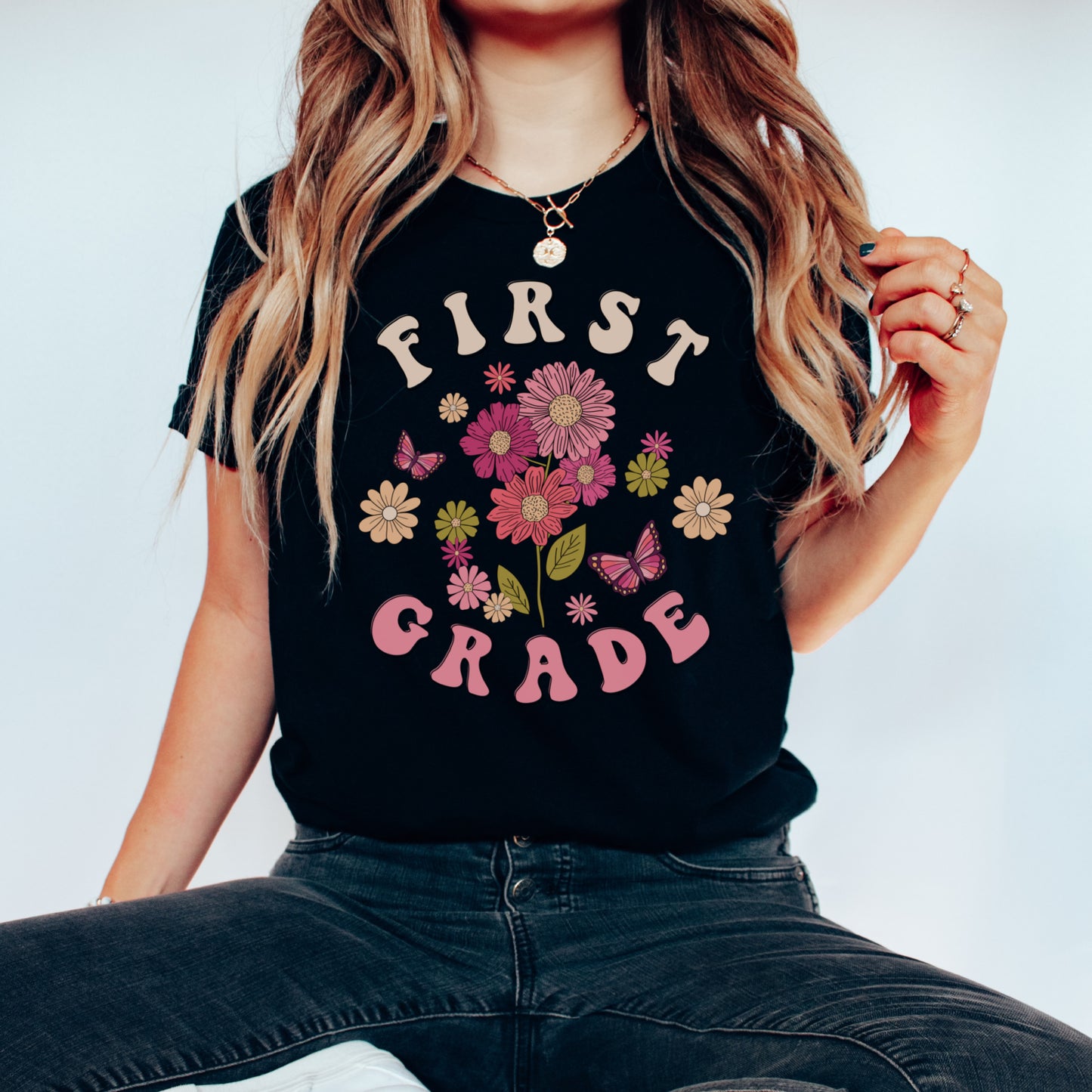 Wildflowers and Butterflies Teachers Shirt | First Grade Shirt | Bella Canvas 3001 Unisex Shirt - Color Black