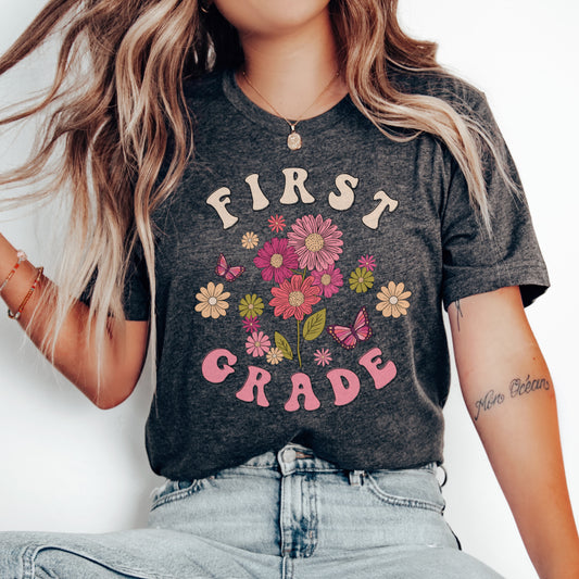 Wildflowers and Butterflies Teachers Shirt | First Grade Shirt | Bella Canvas 3001 Unisex Shirt - Color Dark Grey Heather