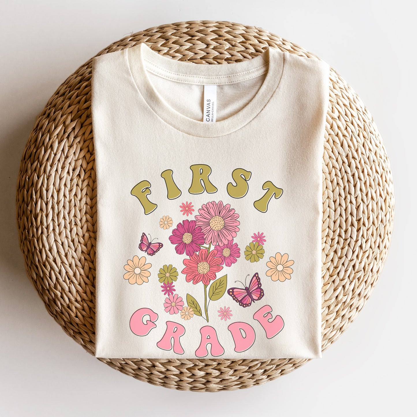 Wildflowers and Butterflies Teachers Shirt | First Grade Shirt | Bella Canvas 3001 Unisex Shirt - Color Natural