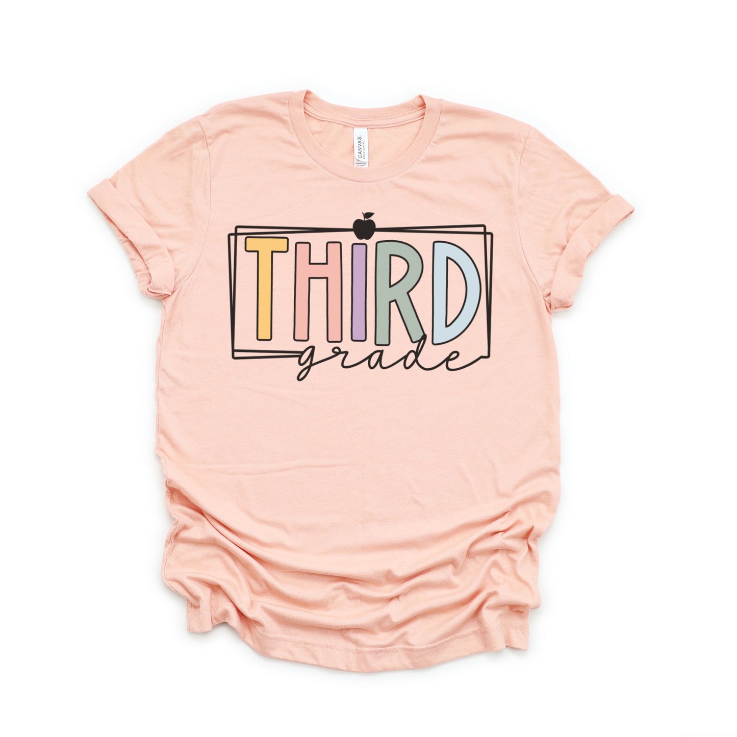 Third Grade Teacher Multicolor Font Apple with Border Heather Peach Color