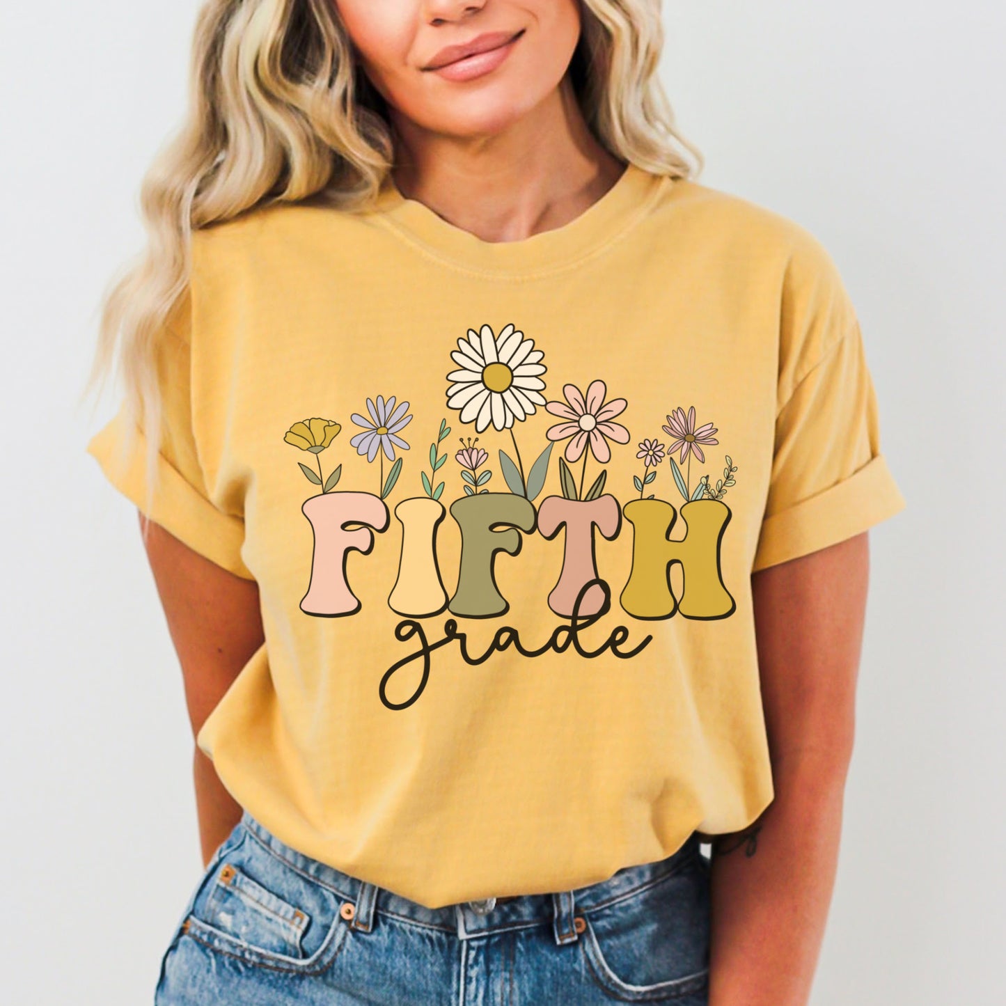 Comfort Colors® "Fifth Grade" Teacher Tshirt, Mulitcolored font with wildflowers | 1717 Unisex Color: Mustard