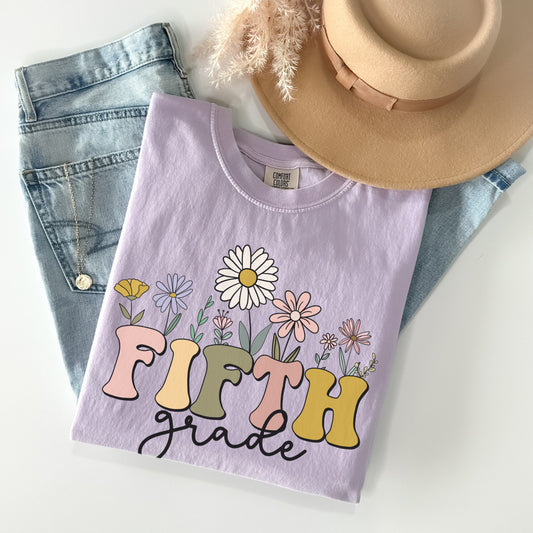 Comfort Colors® "Fifth Grade" Teacher Tshirt, Mulitcolored font with wildflowers | 1717 Unisex Color: Orchid