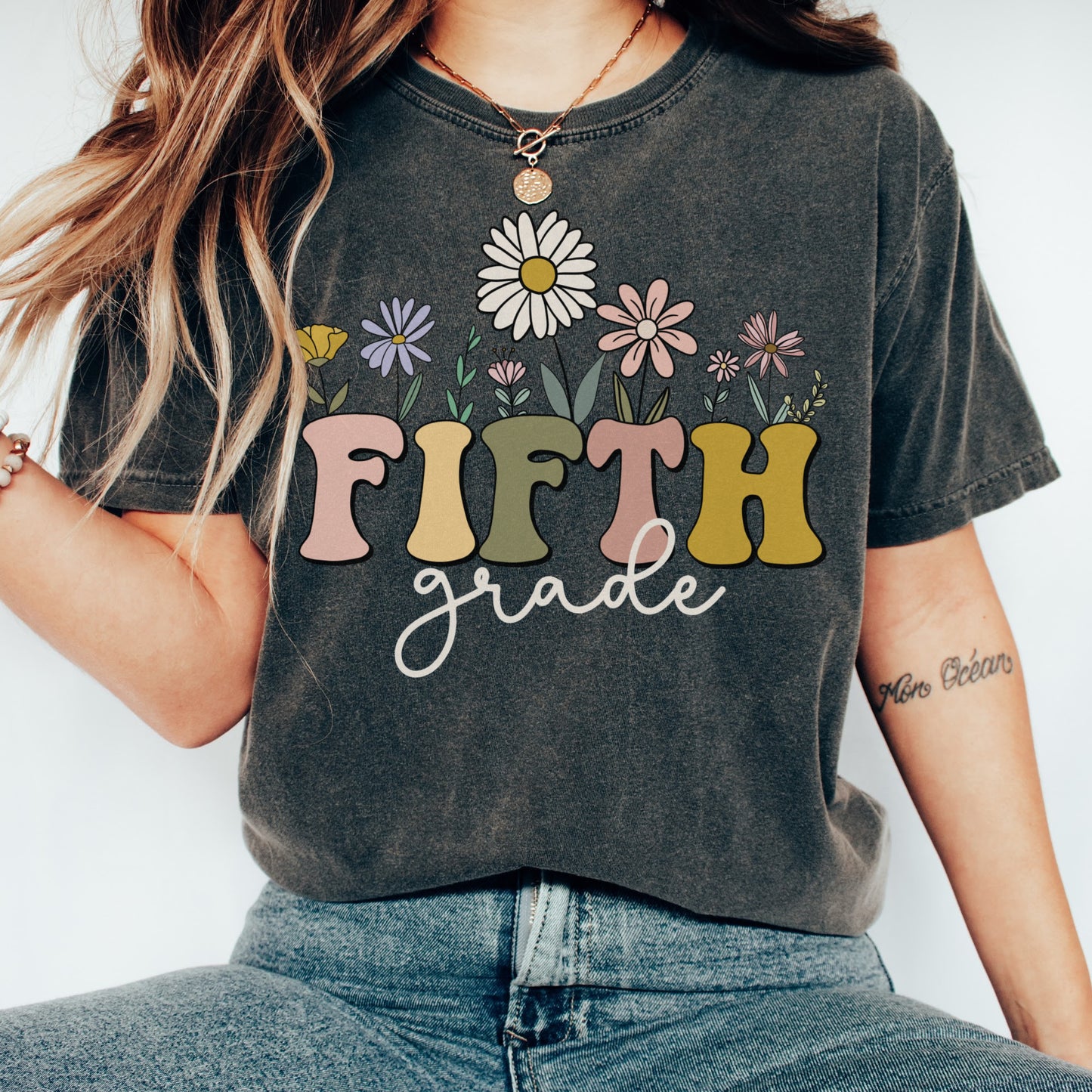 Comfort Colors® "Fifth Grade" Teacher Tshirt, Mulitcolored font with wildflowers | 1717 Unisex Color: Pepper