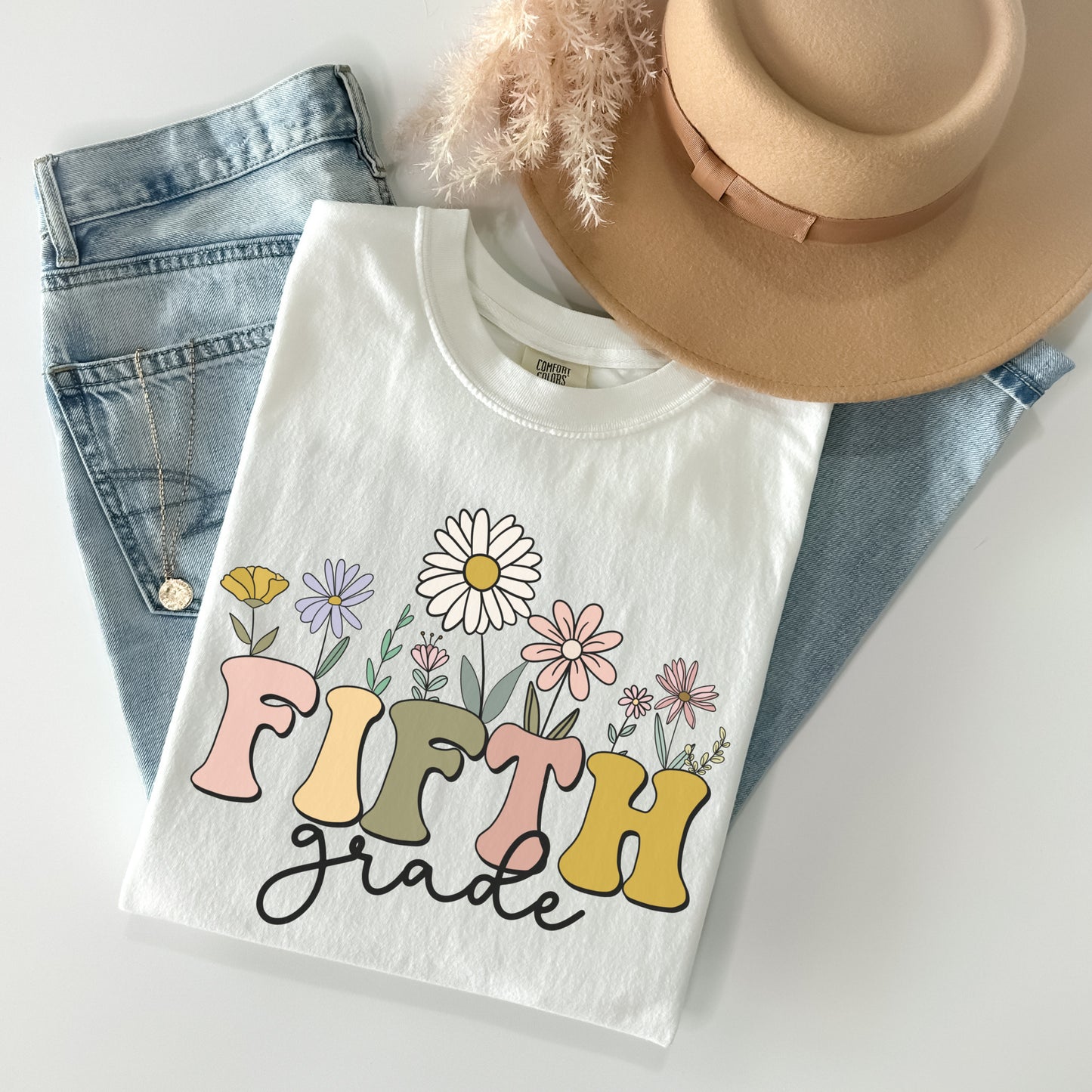 Comfort Colors® "Fifth Grade" Teacher Tshirt, Mulitcolored font with wildflowers | 1717 Unisex Color: White