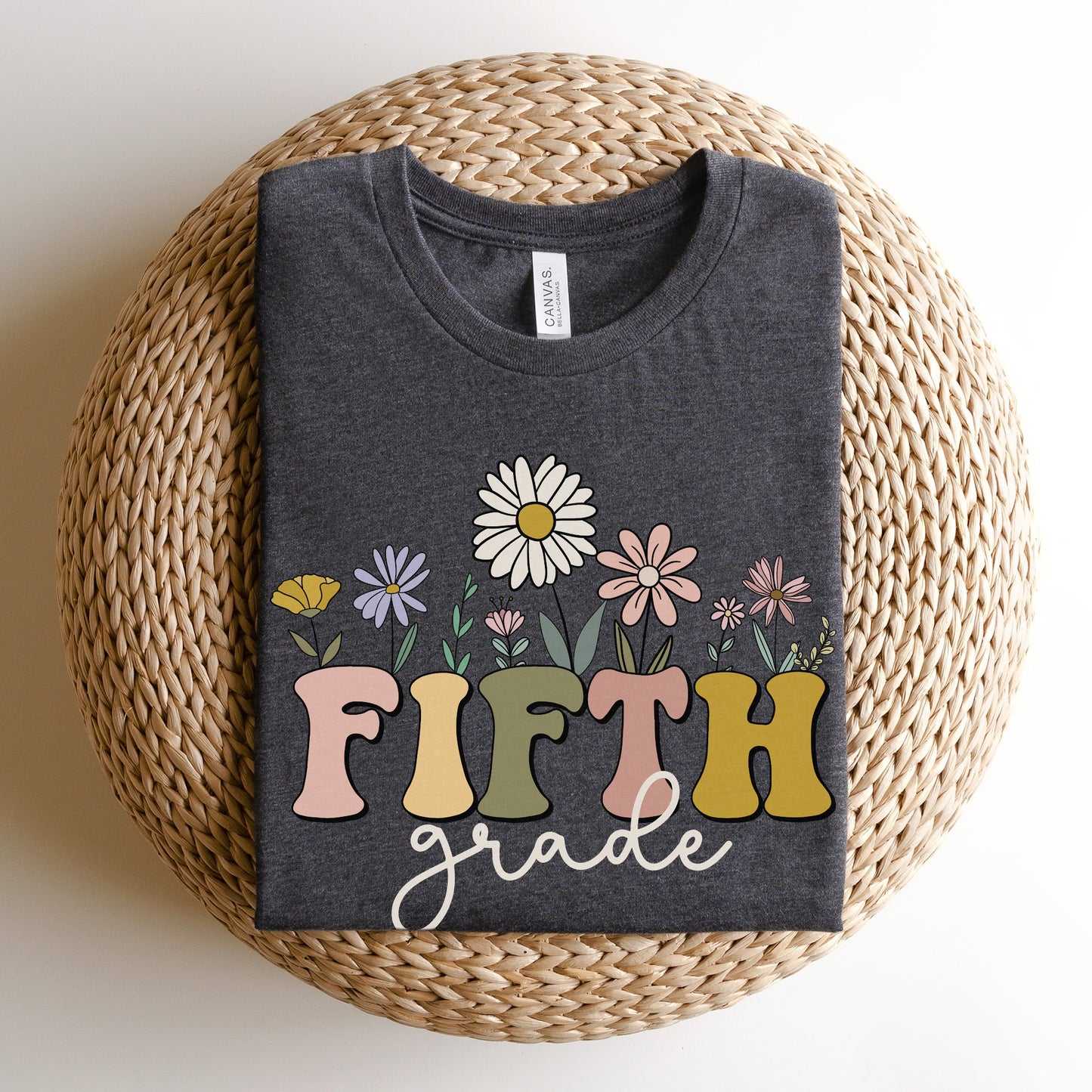 Bella Canvas 3001 Tshirt | Wildflowers "Fifth Grade" Teacher Shirt, Multicolor Font and Flowers | Color: Dark Grey Heather