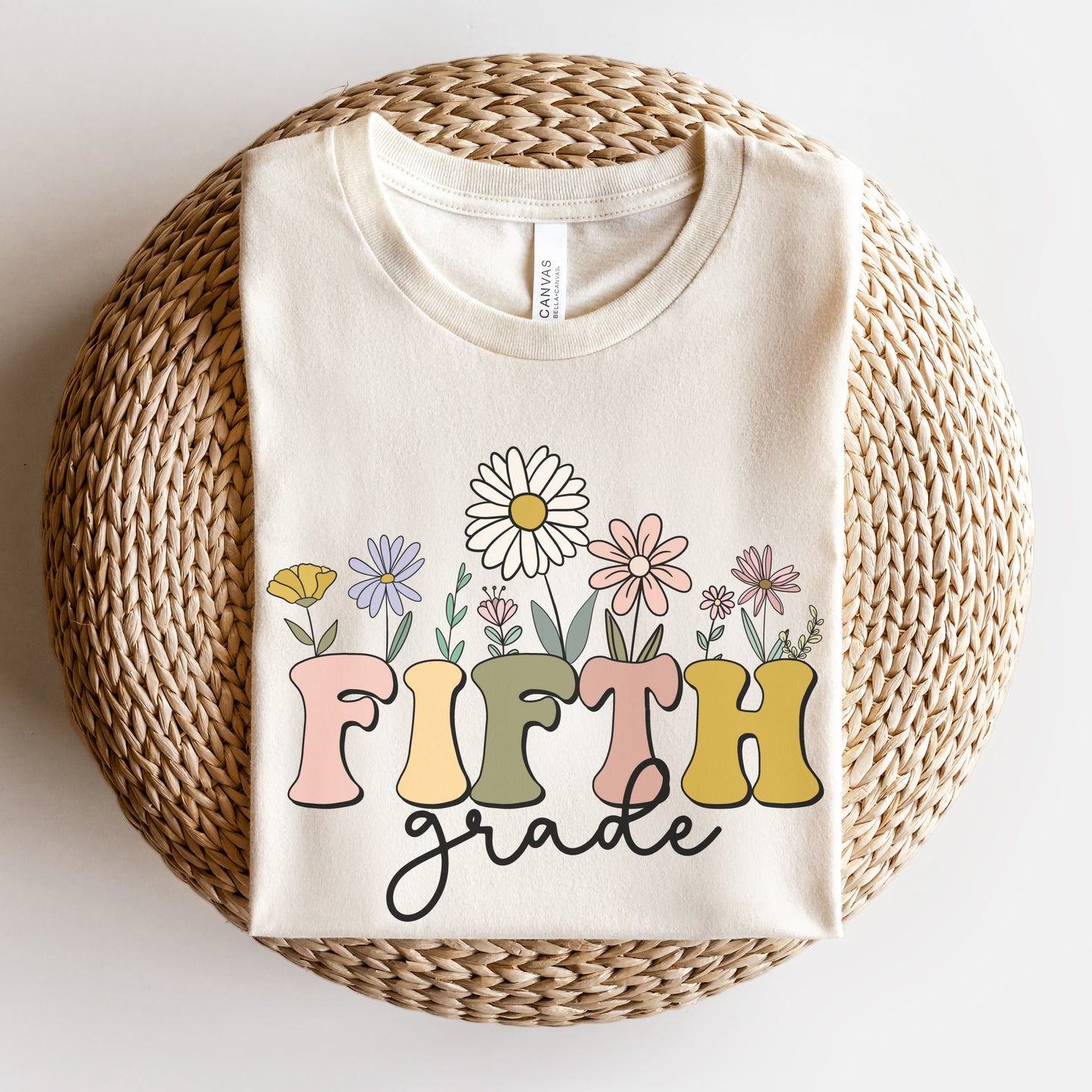 Bella Canvas 3001 Tshirt | Wildflowers "Fifth Grade" Teacher Shirt, Multicolor Font and Flowers | Color: Natural