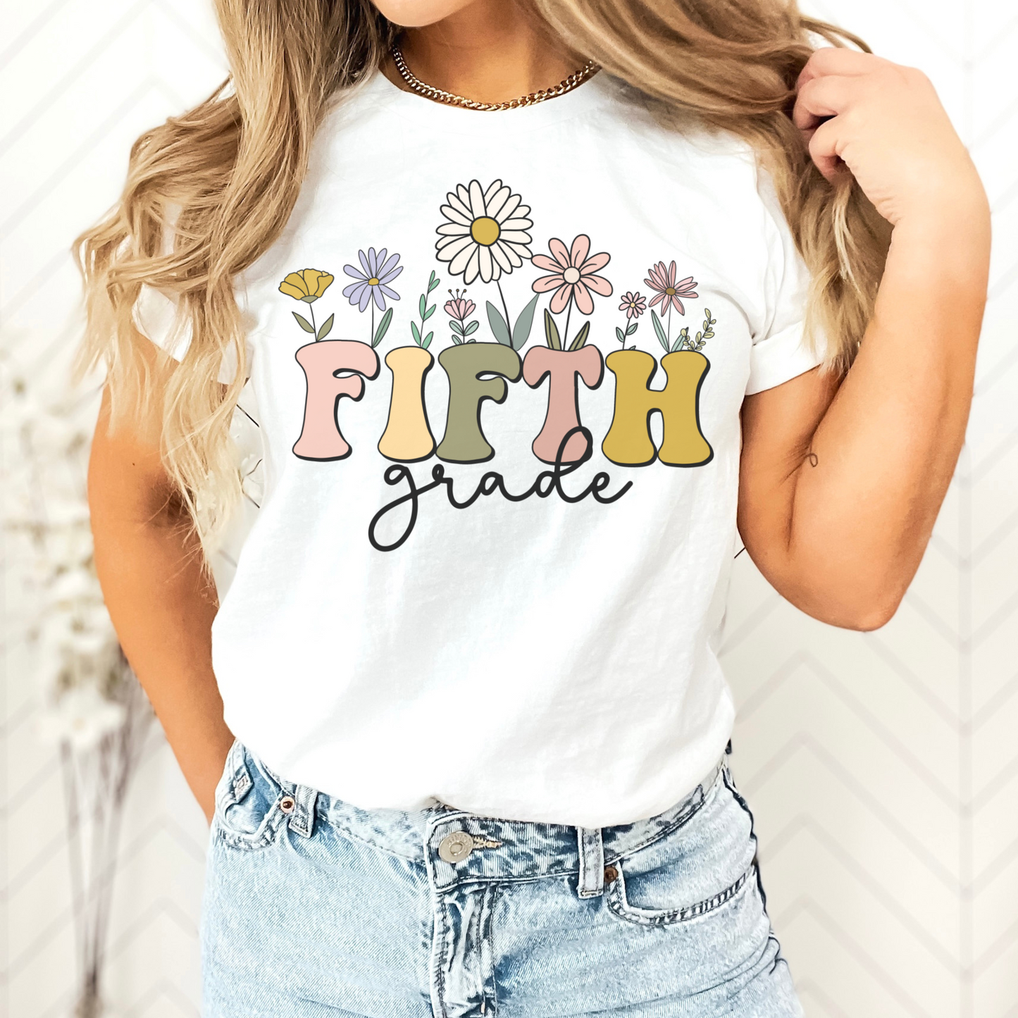 Bella Canvas 3001 Tshirt | Wildflowers "Fifth Grade" Teacher Shirt, Multicolor Font and Flowers | Color: White