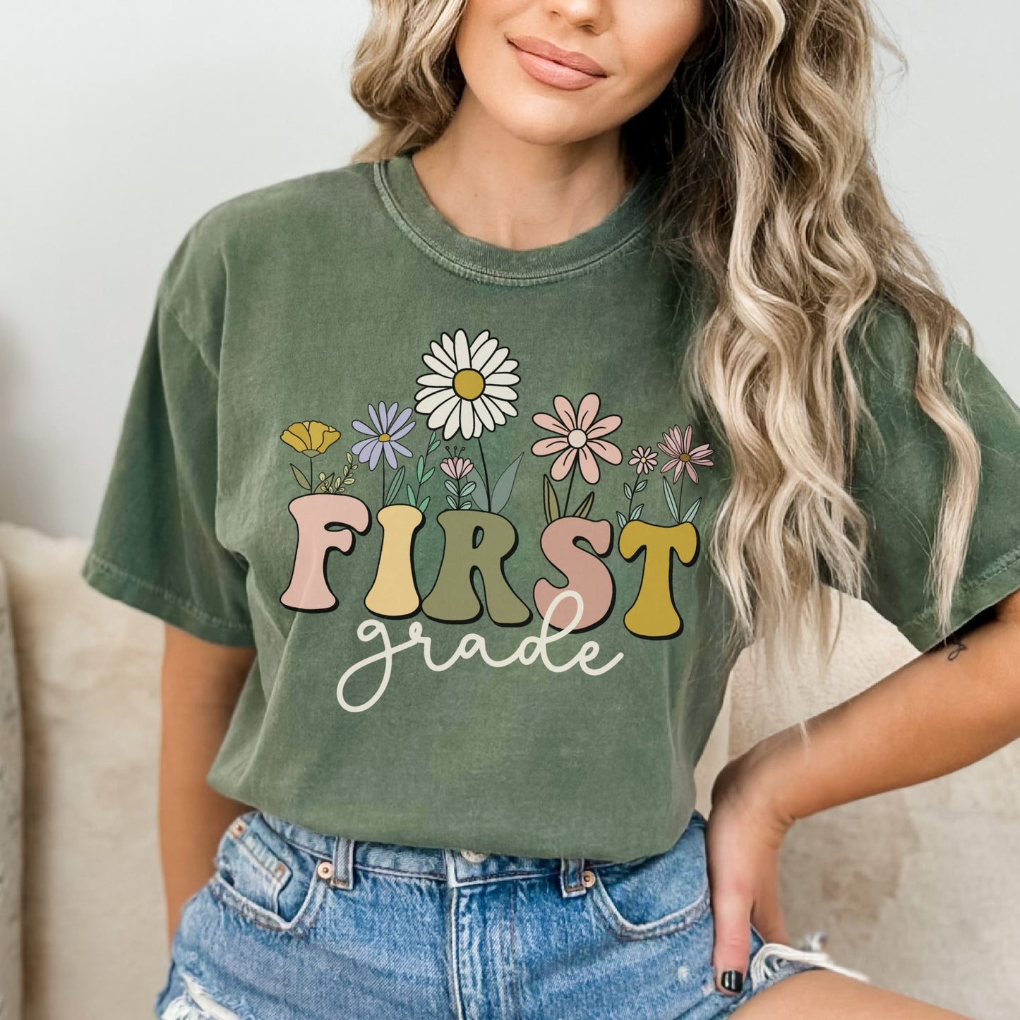 Comfort Colors® Moss color Tshirt | First Grade Shirt | Wildflowers 