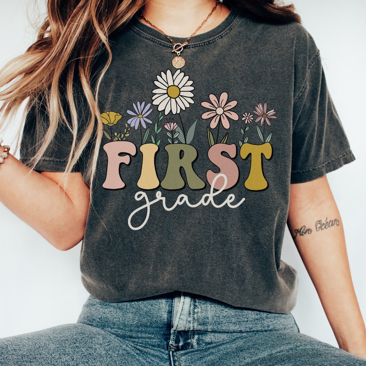 Comfort Colors® Pepper color Tshirt | First Grade Shirt | Wildflowers 