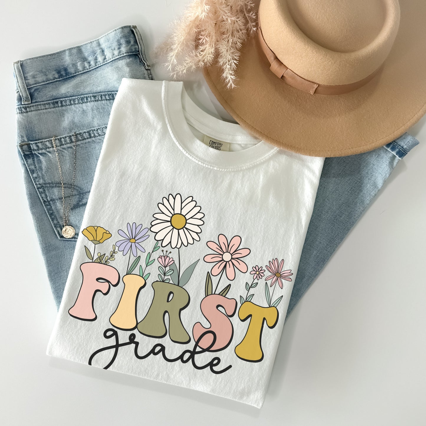 Comfort Colors® White color Tshirt | First Grade Shirt | Wildflowers 