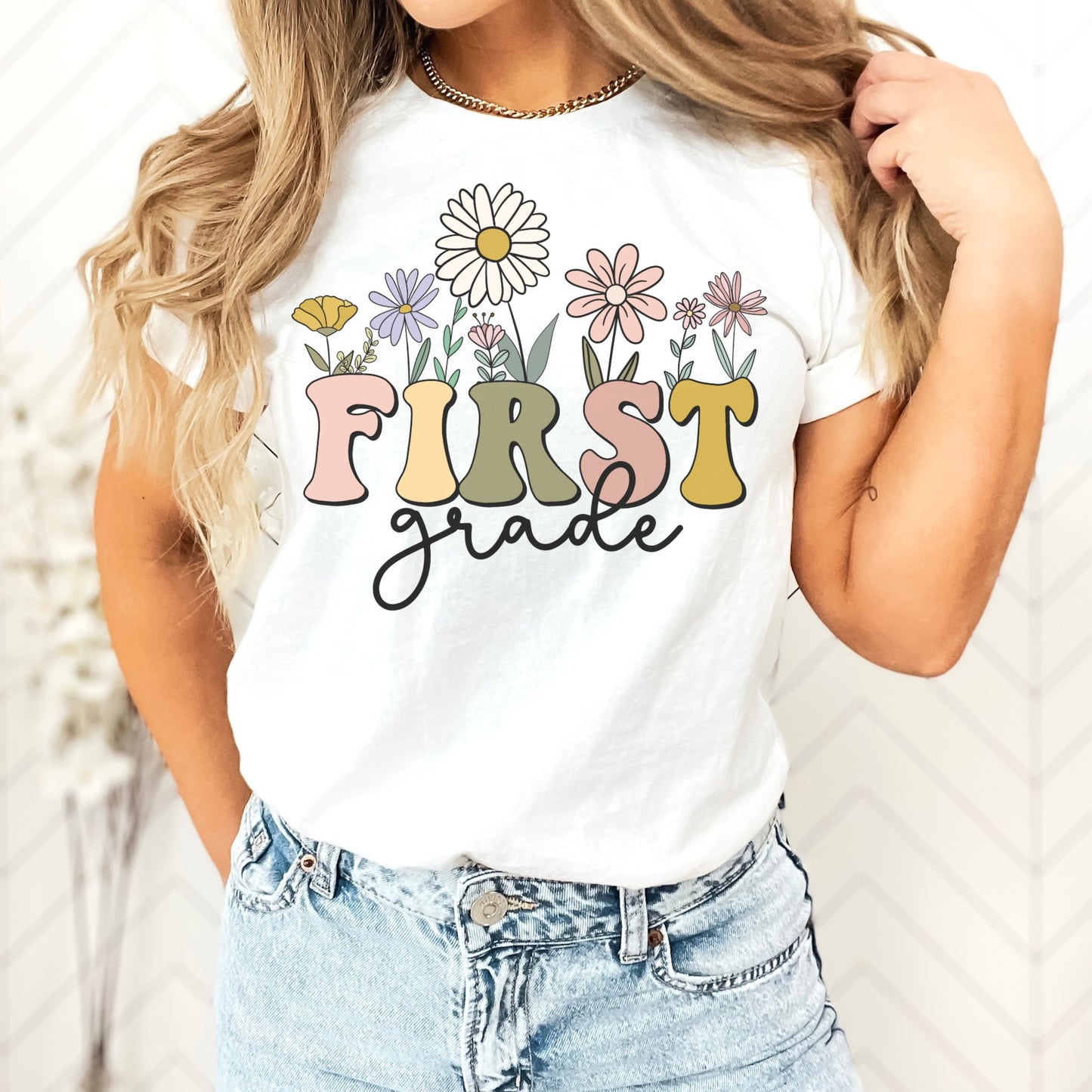 Wildflowers Teachers Shirt | First Grade Shirt | Bella Canvas 3001 Unisex Shirt - Color White