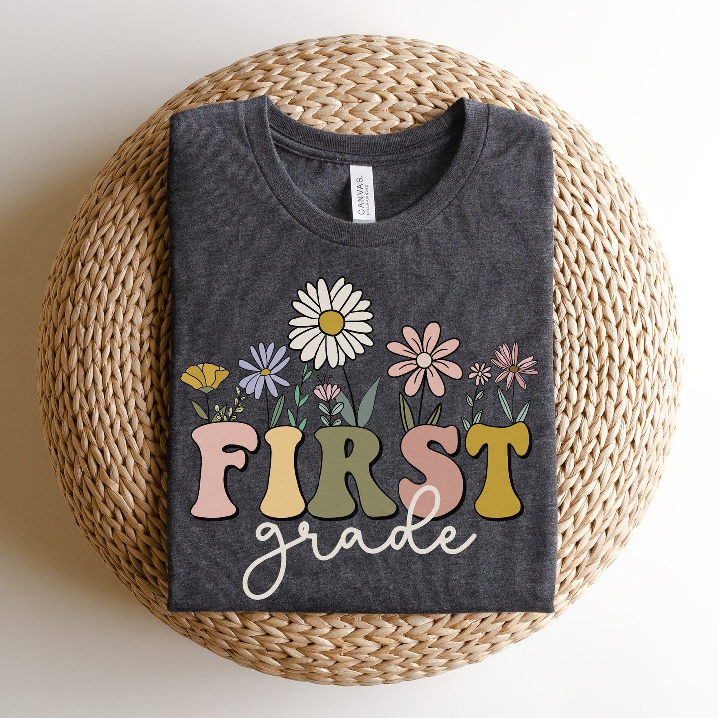 Wildflowers Teachers Shirt | First Grade Shirt | Bella Canvas 3001 Unisex Shirt - Color Dark Grey Heather