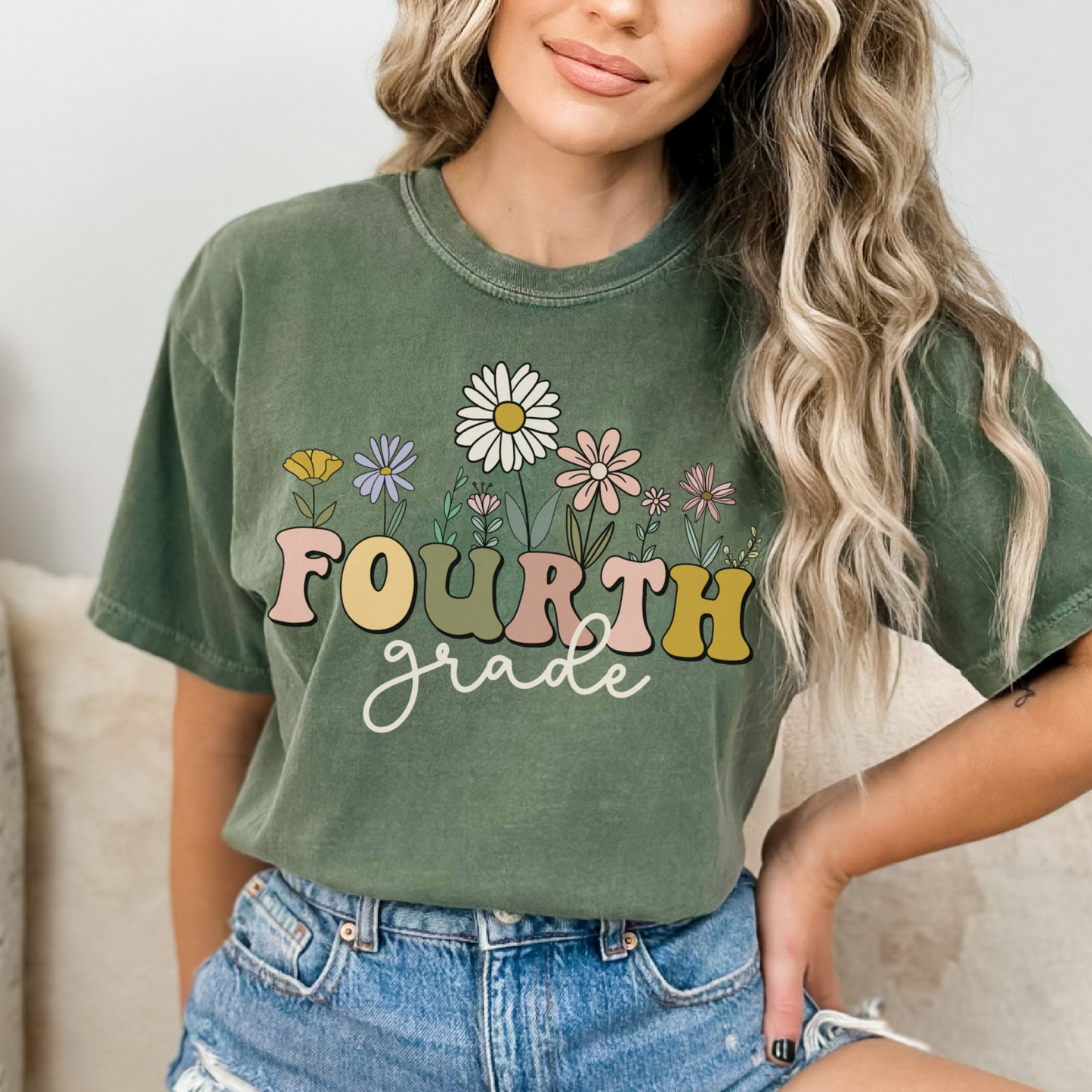 Comfort Colors® "Fourth Grade" Teacher Tshirt, Mulitcolored font with wildflowers | 1717 Unisex Color: Moss