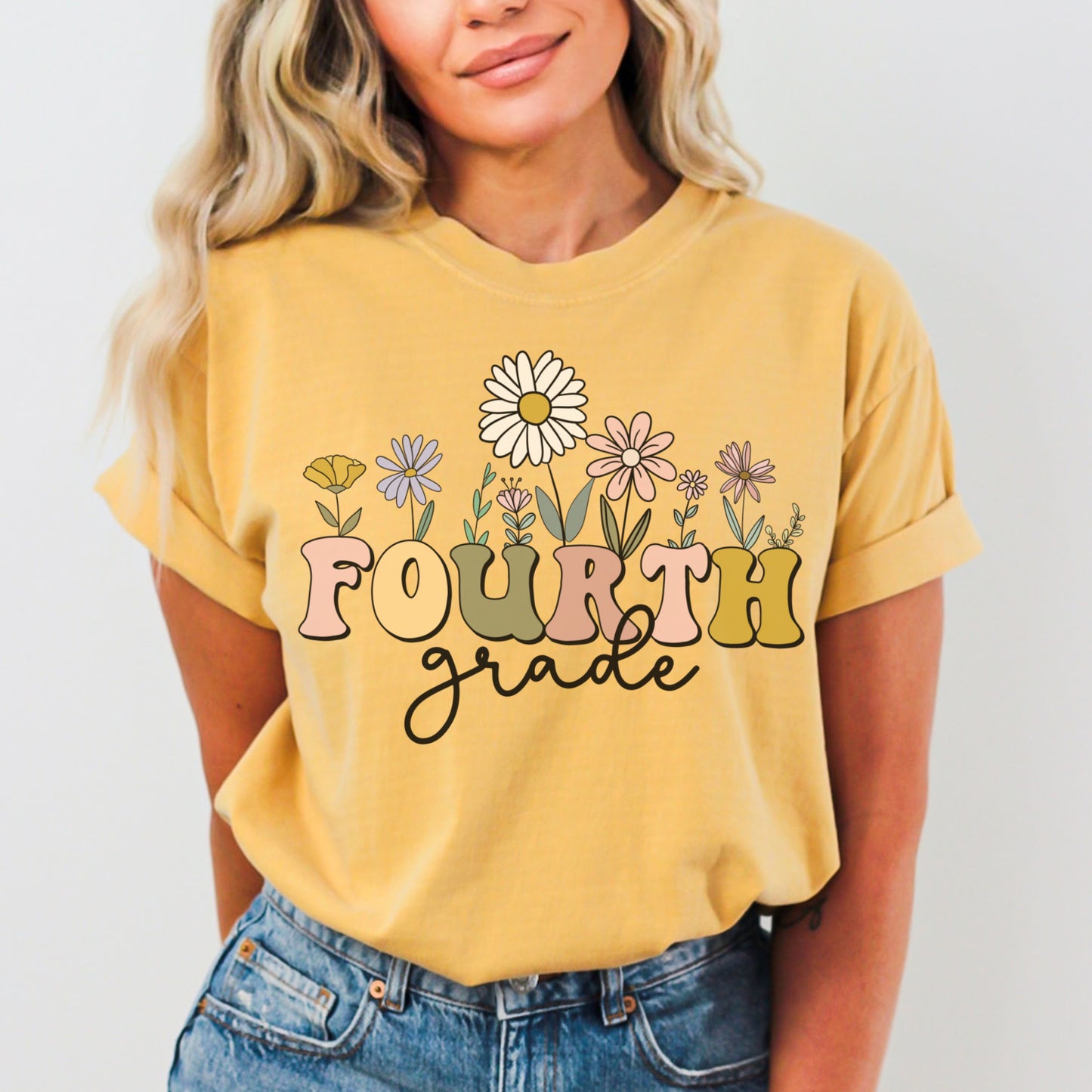 Comfort Colors® "Fourth Grade" Teacher Tshirt, Mulitcolored font with wildflowers | 1717 Unisex Color: Mustard