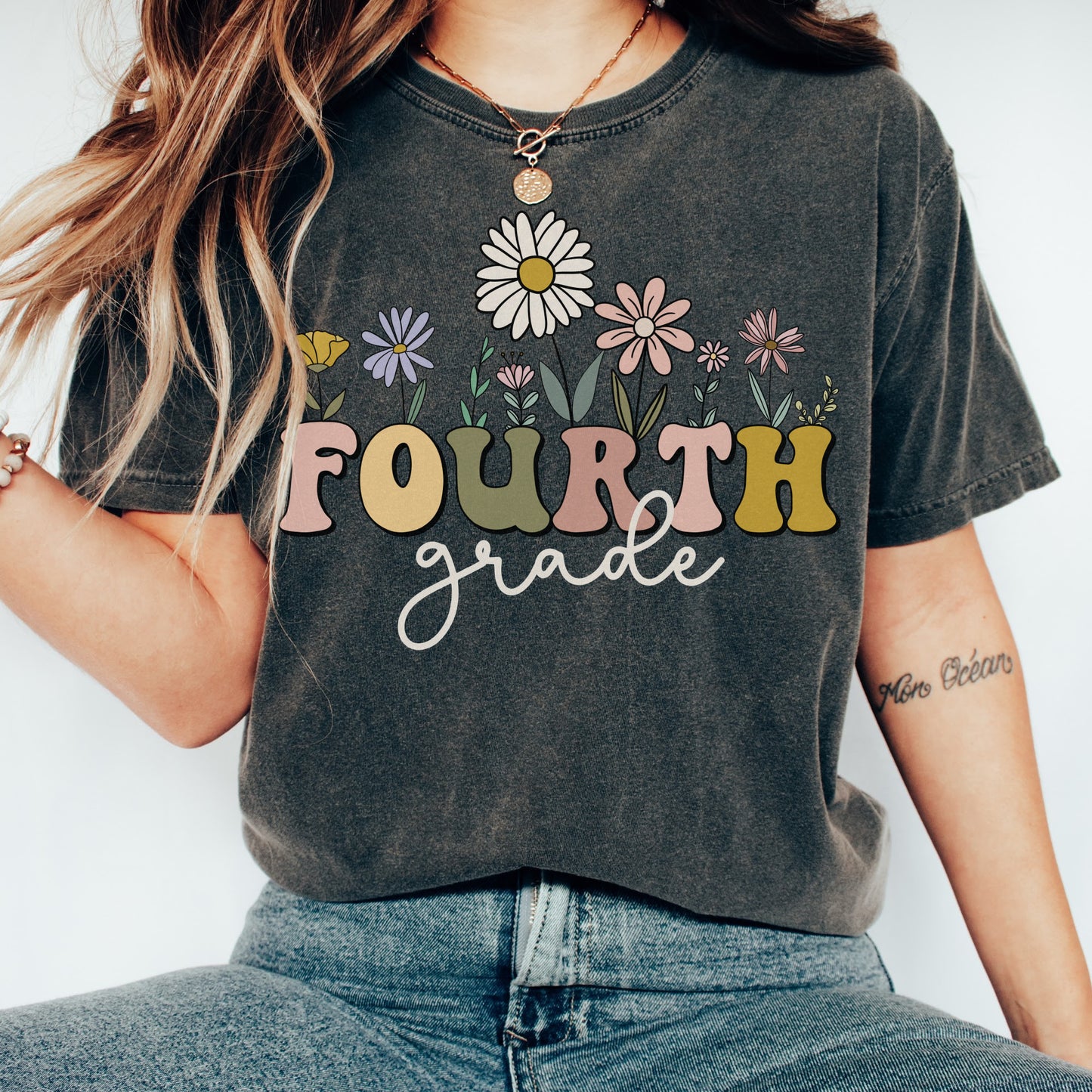 Comfort Colors® "Fourth Grade" Teacher Tshirt, Mulitcolored font with wildflowers | 1717 Unisex Color: Pepper