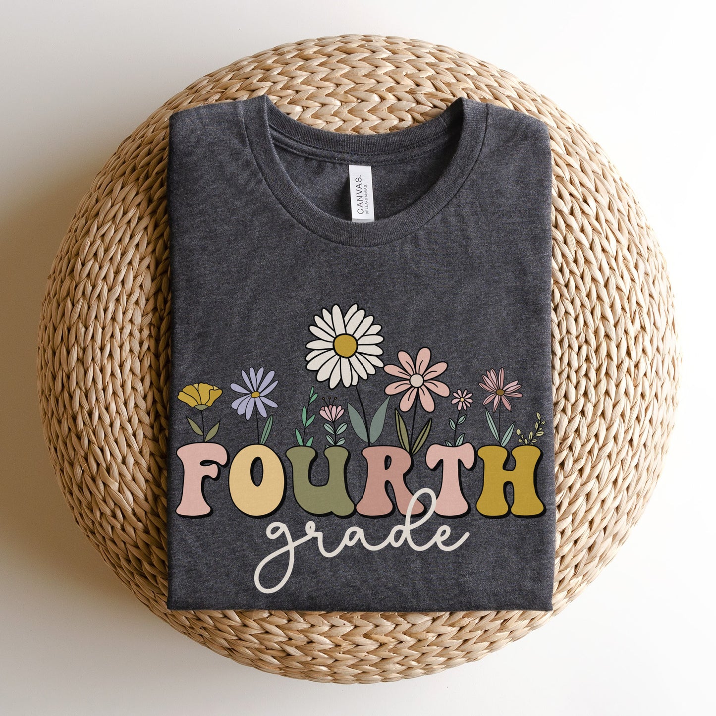 Bella Canvas 3001 Tshirt | Wildflowers "Fourth Grade" Teacher Shirt, Multicolor Font and Flowers | Color: Dark Grey Heather