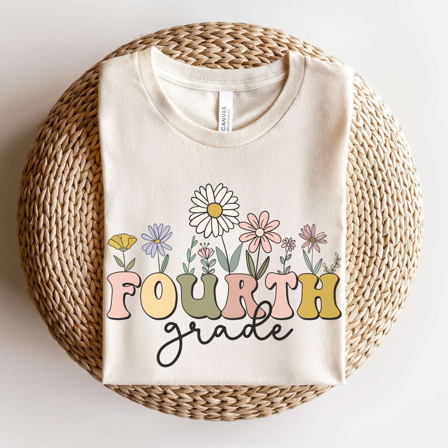 Bella Canvas 3001 Tshirt | Wildflowers "Fourth Grade" Teacher Shirt, Multicolor Font and Flowers | Color: Natural