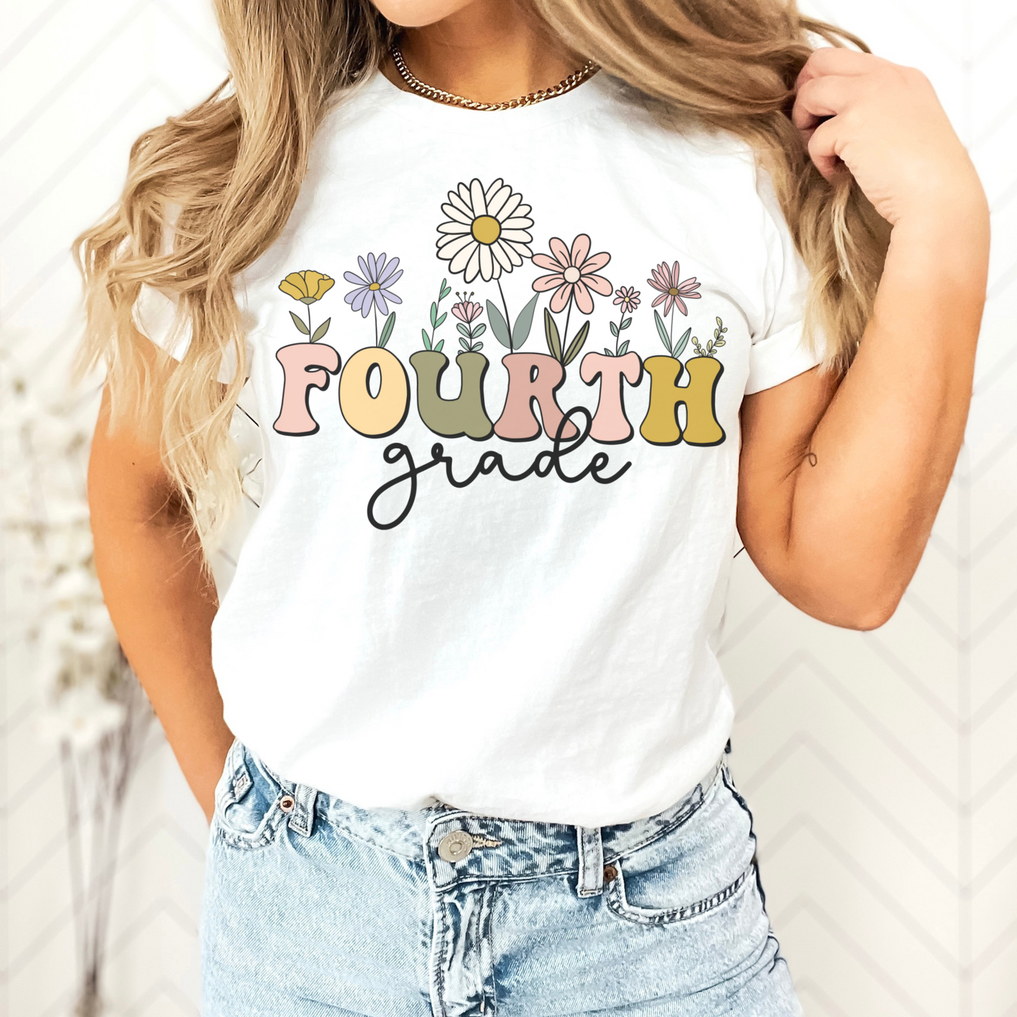 Bella Canvas 3001 Tshirt | Wildflowers "Fourth Grade" Teacher Shirt, Multicolor Font and Flowers | Color: White