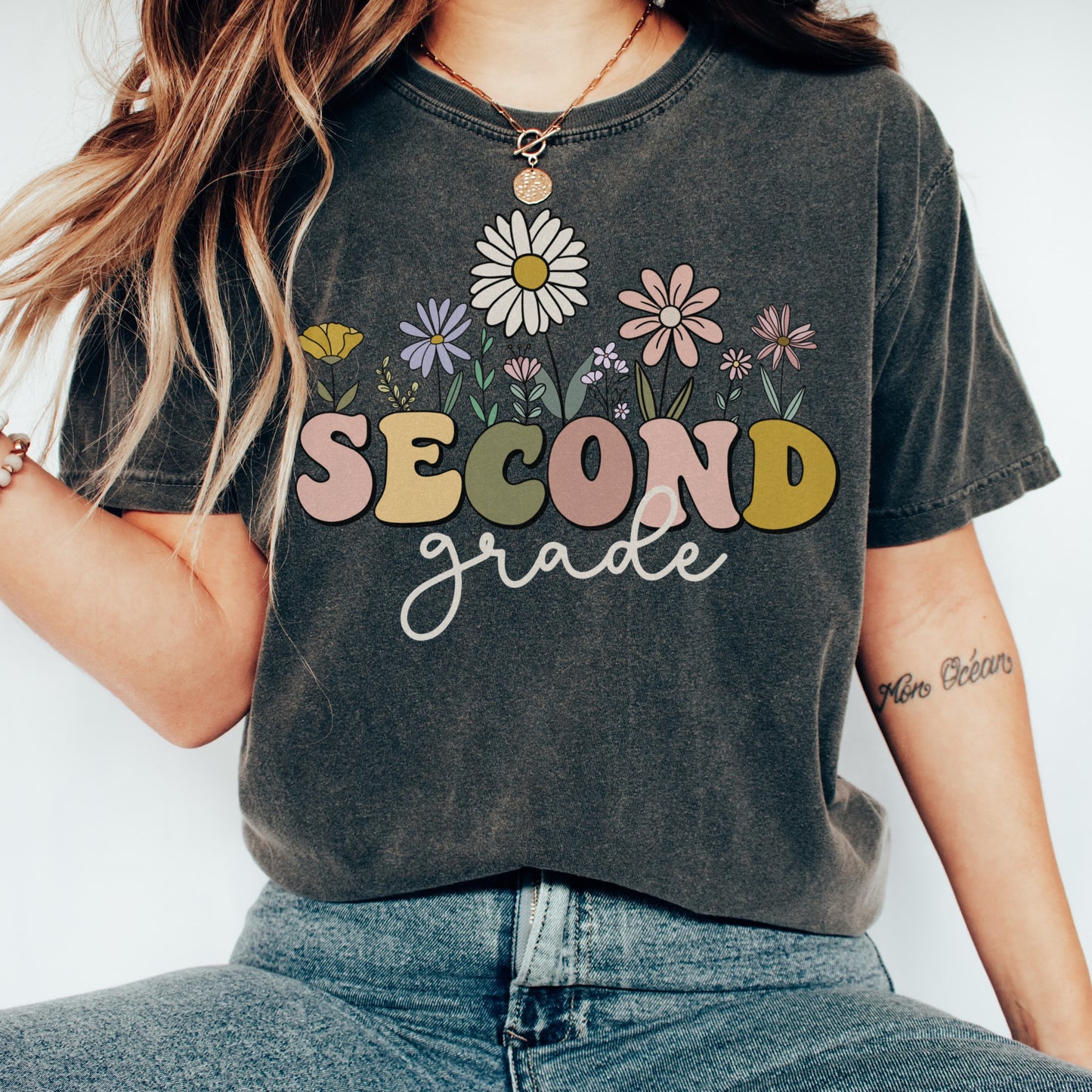 Comfort Colors® "Second Grade" Teacher Tshirt, Mulitcolored font with wildflowers | 1717 Unisex Color: Pepper