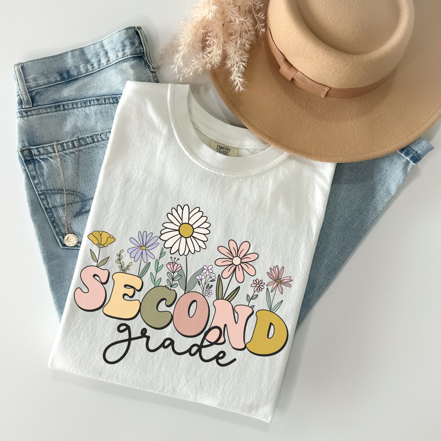 Comfort Colors® "Second Grade" Teacher Tshirt, Mulitcolored font with wildflowers | 1717 Unisex Color: White