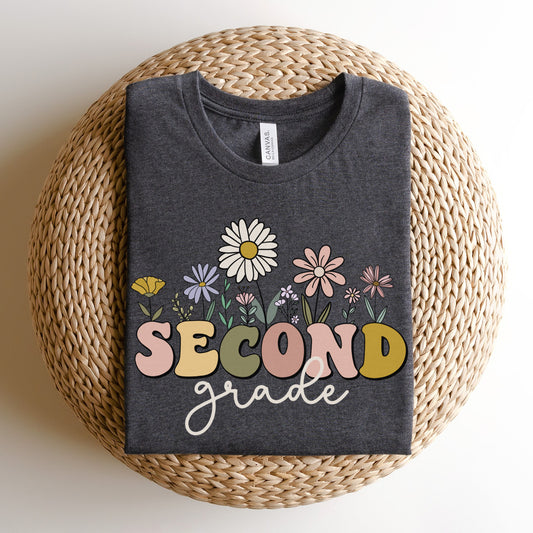 Wildflowers Bella Canvas Shirt "Second Grade" Multicolor font | Color Dark Grey Heather