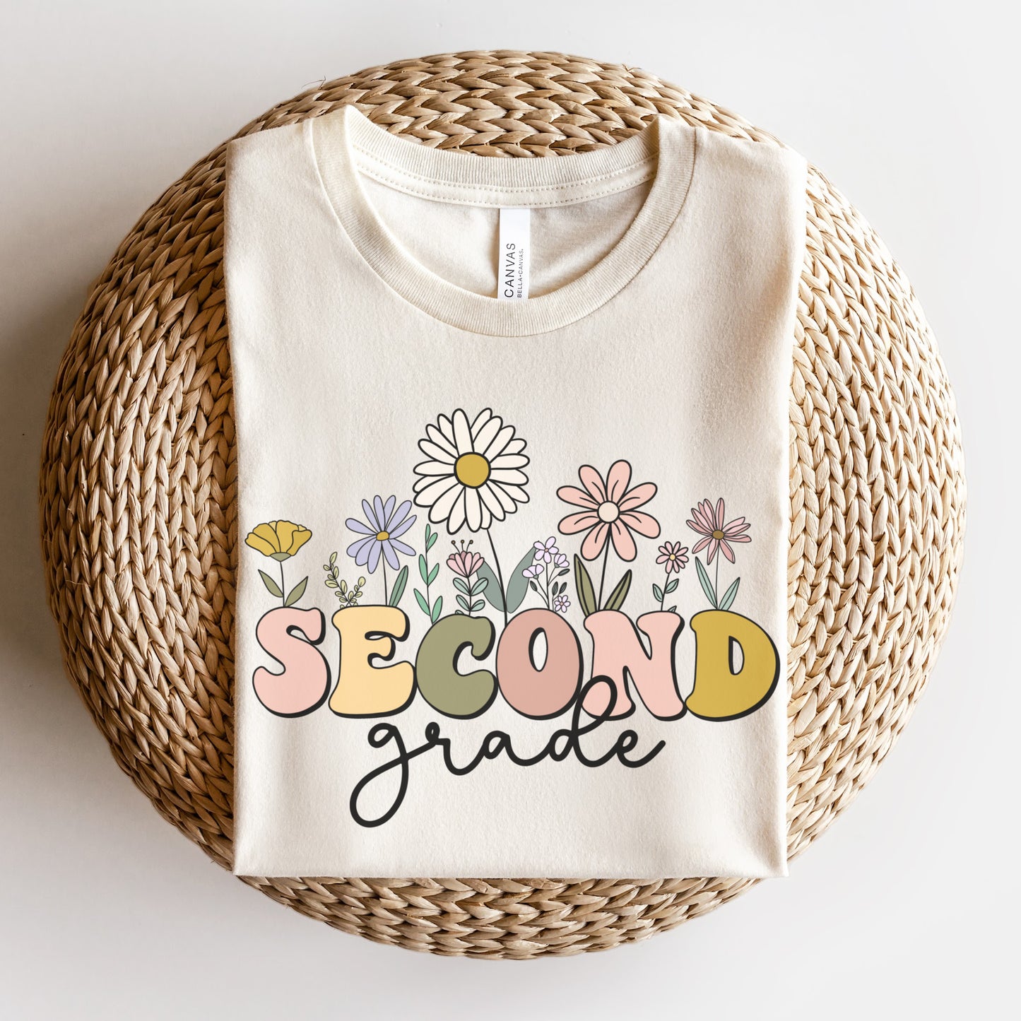 Wildflowers Bella Canvas Shirt "Second Grade" Multicolor font | Color Natural