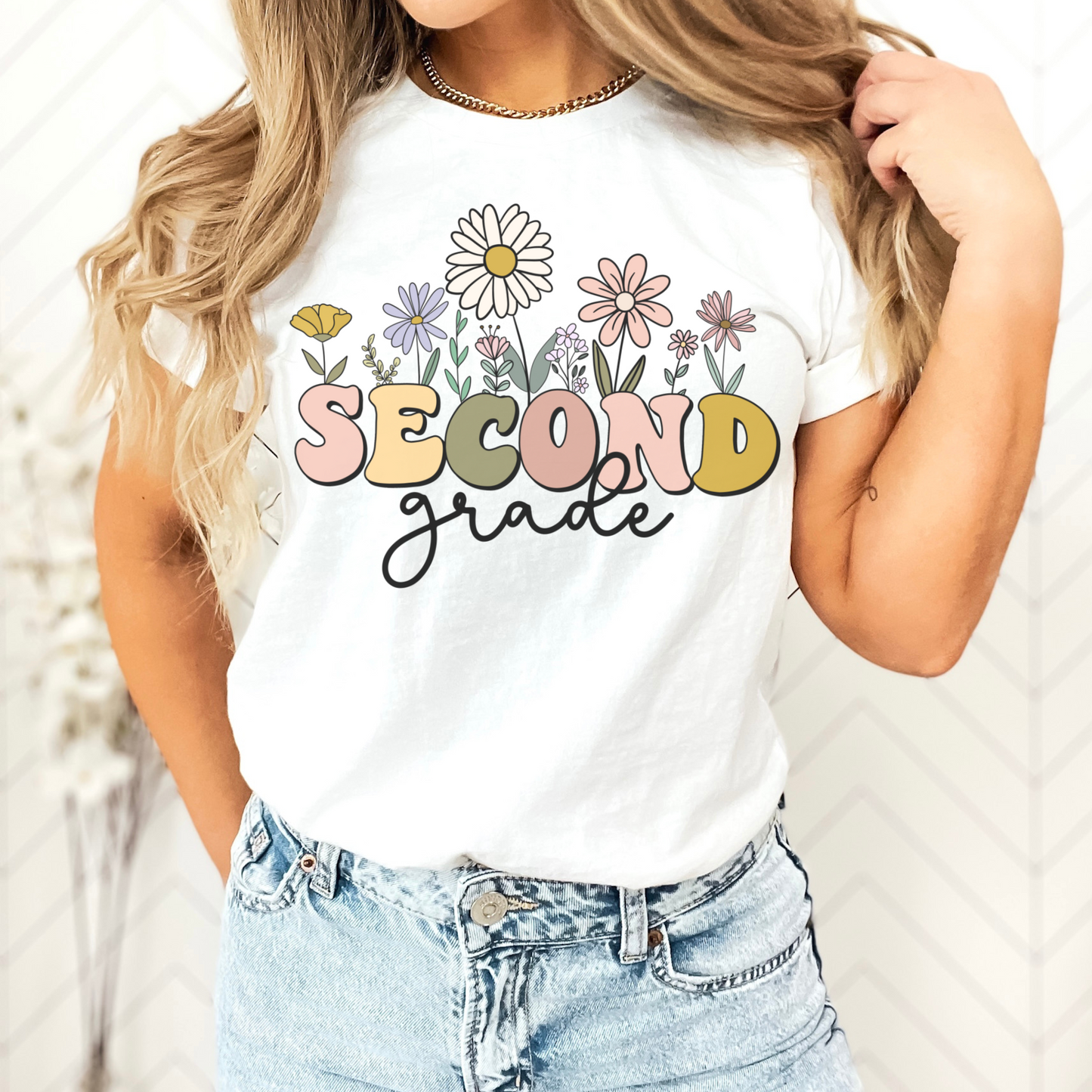 Wildflowers Bella Canvas Shirt "Second Grade" Multicolor font | Color White