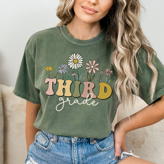 Comfort Colors® "Third Grade" Teacher Tshirt, Mulitcolored font with wildflowers | 1717 Unisex Color:Moss