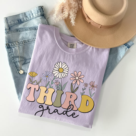 Comfort Colors® "Third Grade" Teacher Tshirt, Mulitcolored font with wildflowers | 1717 Unisex Color: Orchid