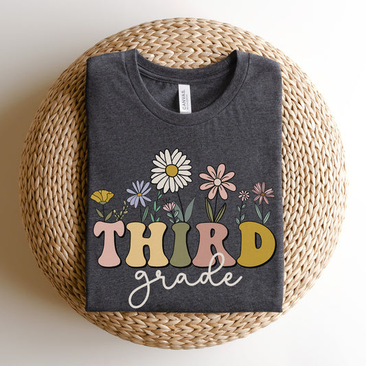 Wildflowers Bella Canvas Shirt "Third Grade" Teacher Tshirt Multicolor font | Color Dark Grey Heather