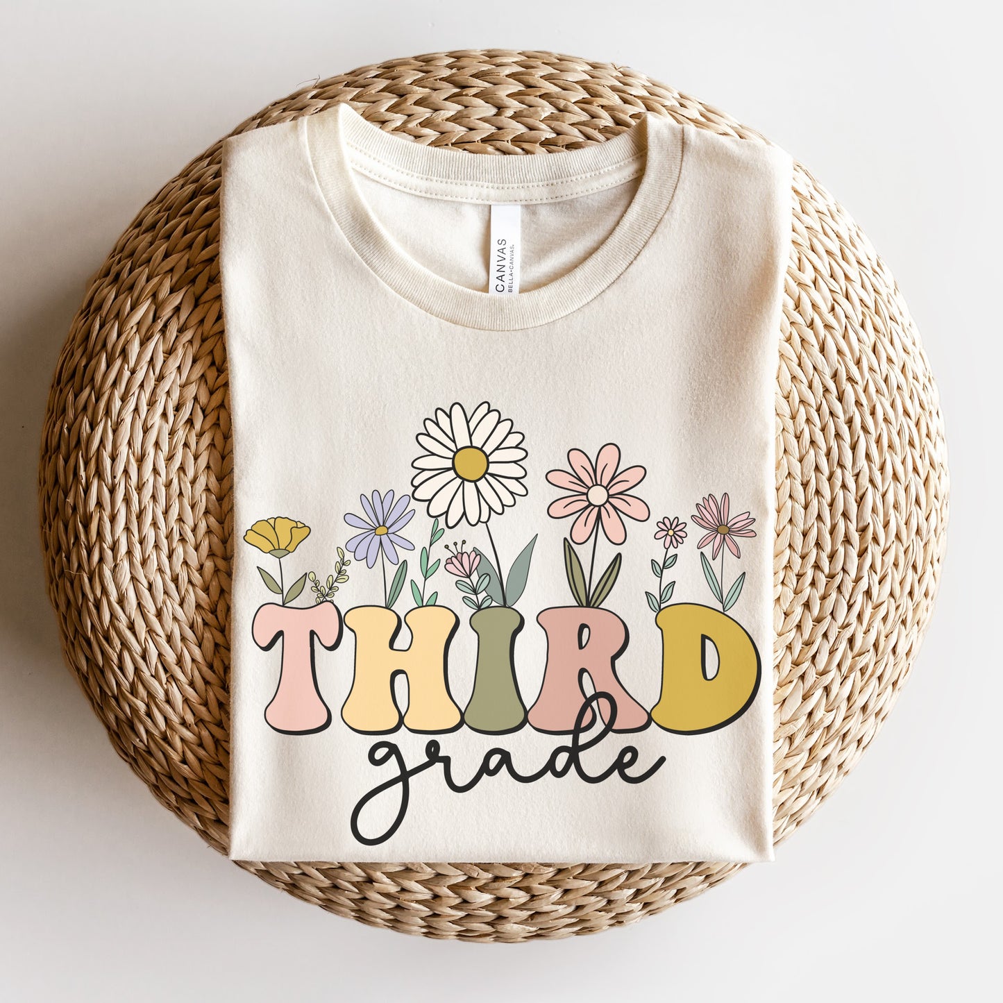 Wildflowers Bella Canvas Shirt "Third Grade" Teacher Tshirt Multicolor font | Color Natural