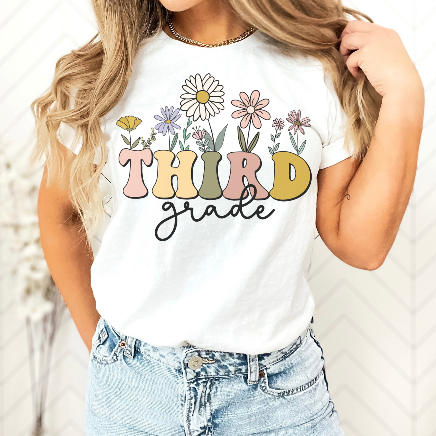 Wildflowers Bella Canvas Shirt "Third Grade" Teacher Tshirt Multicolor font | Color White